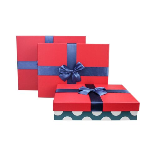 Set of 3 Rectangle Blue Gift Box, Pink Lid, Satin Bow