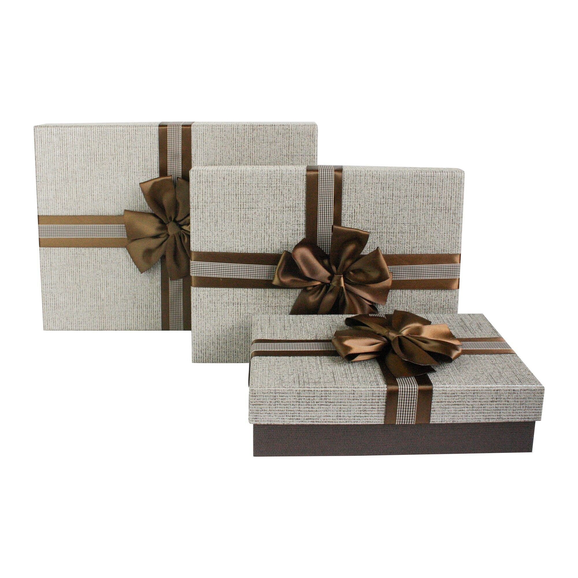 Lot de 3 Boîtes Cadeau Rectangle Marron, Couvercle Marron Clair Noeud en Satin