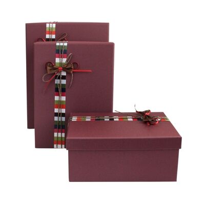 Set of 3 Rectangle Burgandy Gift Box Multicolour Ribbon