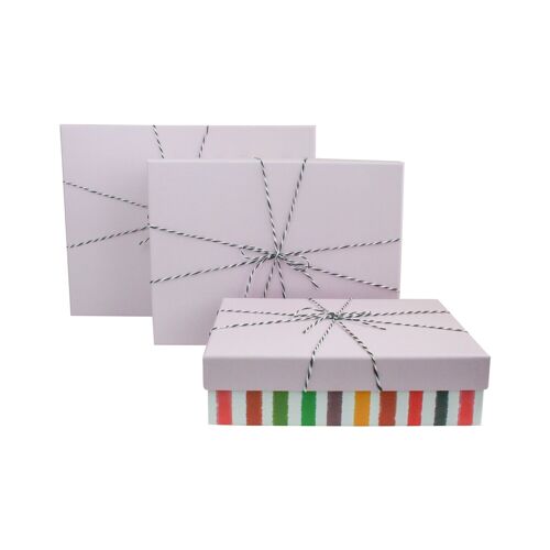 Set of 3 Rectangle White Gift Box, Pink Lid, Striped Ribbon