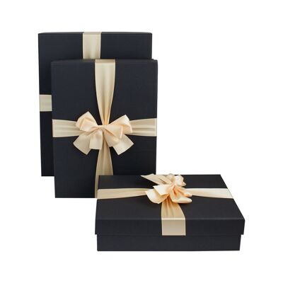 Set of 3 Rectangle, Black Gift Box with Lid, Cream Ribbon