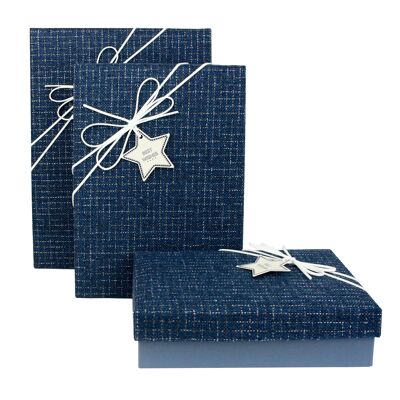 Set of 3 Rectangle, Blue Gift Box, Blue Lid, Suede Ribbon