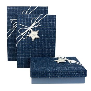 Lot de 3 rectangles, boîte cadeau bleue, couvercle bleu, ruban en daim 1