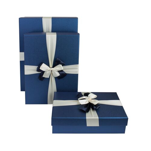 Set of 3 Rectangle, Blue Gift Box, Cream Blue Ribbon