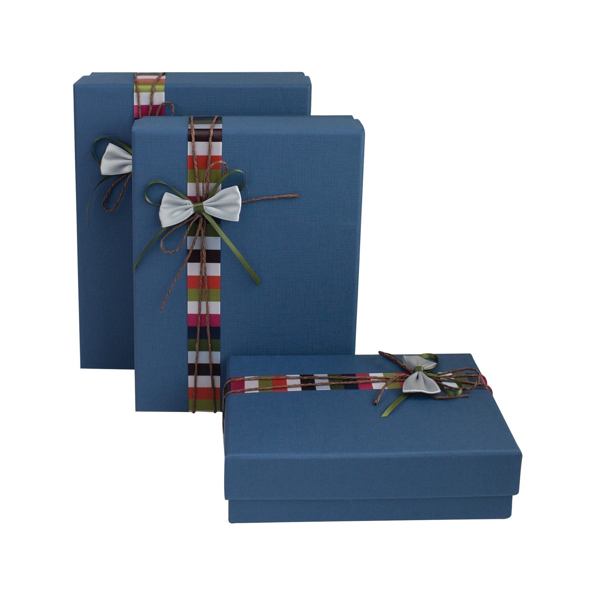 Lot de 3 rectangles, boîte cadeau bleue, ruban à rayures multicolores