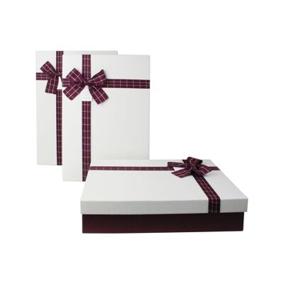 Set of 3 Rectangle, Burgandy Gift Box, Cream Lid, Stripe Bow