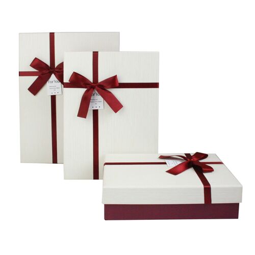 Set of 3 Rectangle, Burgundy Gift Box Cream Lid Satin Ribbon