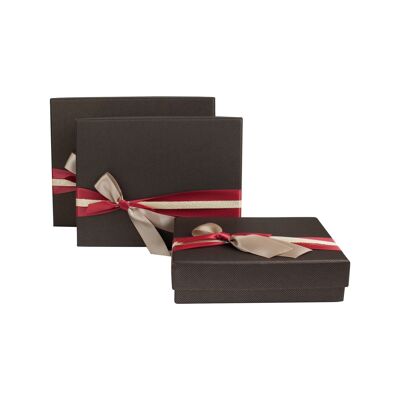 Set of 3 Rectangle, Dark Brown Gift Box, Red Gold Ribbon