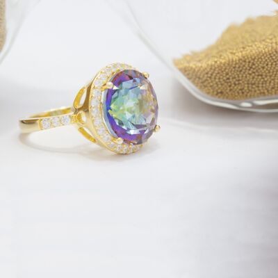 Mystic Natural Rainbow Quartz Ring, Empowerment of Women in Sterling Silver and 14K Gold Vermeil, Highlight Your Power, Mysterious Ring