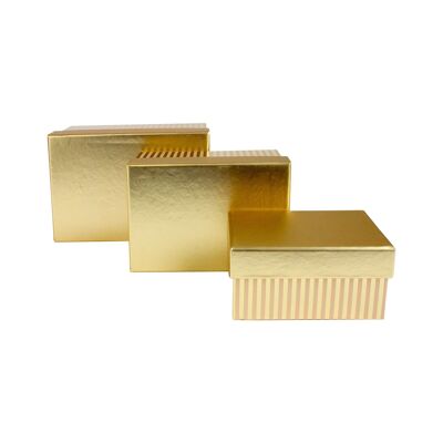 Set of 3 Rectangle, Gold Stripes Gift Box with Gold Lid