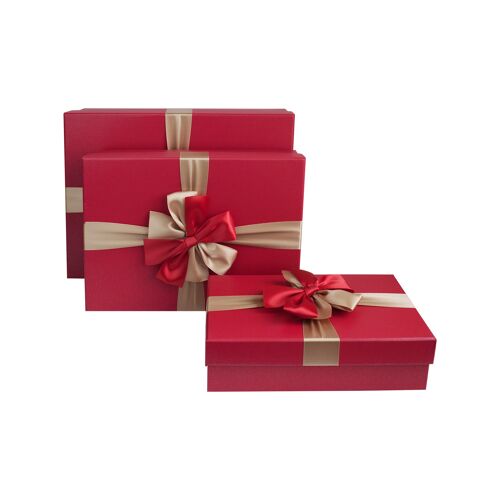 Set of 3 Rectangle, Raspberry Red Gift Box, Gold Red Ribbon