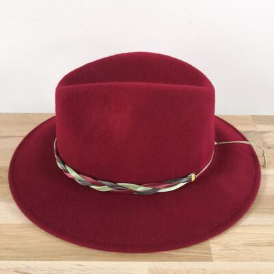Women's felt hat, FEDORA shape with braided Head-band. Winter collection. Raspberry. French creation.