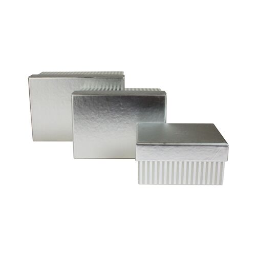 Set of 3 Rectangle, Silver Stripes Gift Box with Silver Lid