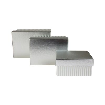 Set of 3 Rectangle, Silver Stripes Gift Box with Silver Lid