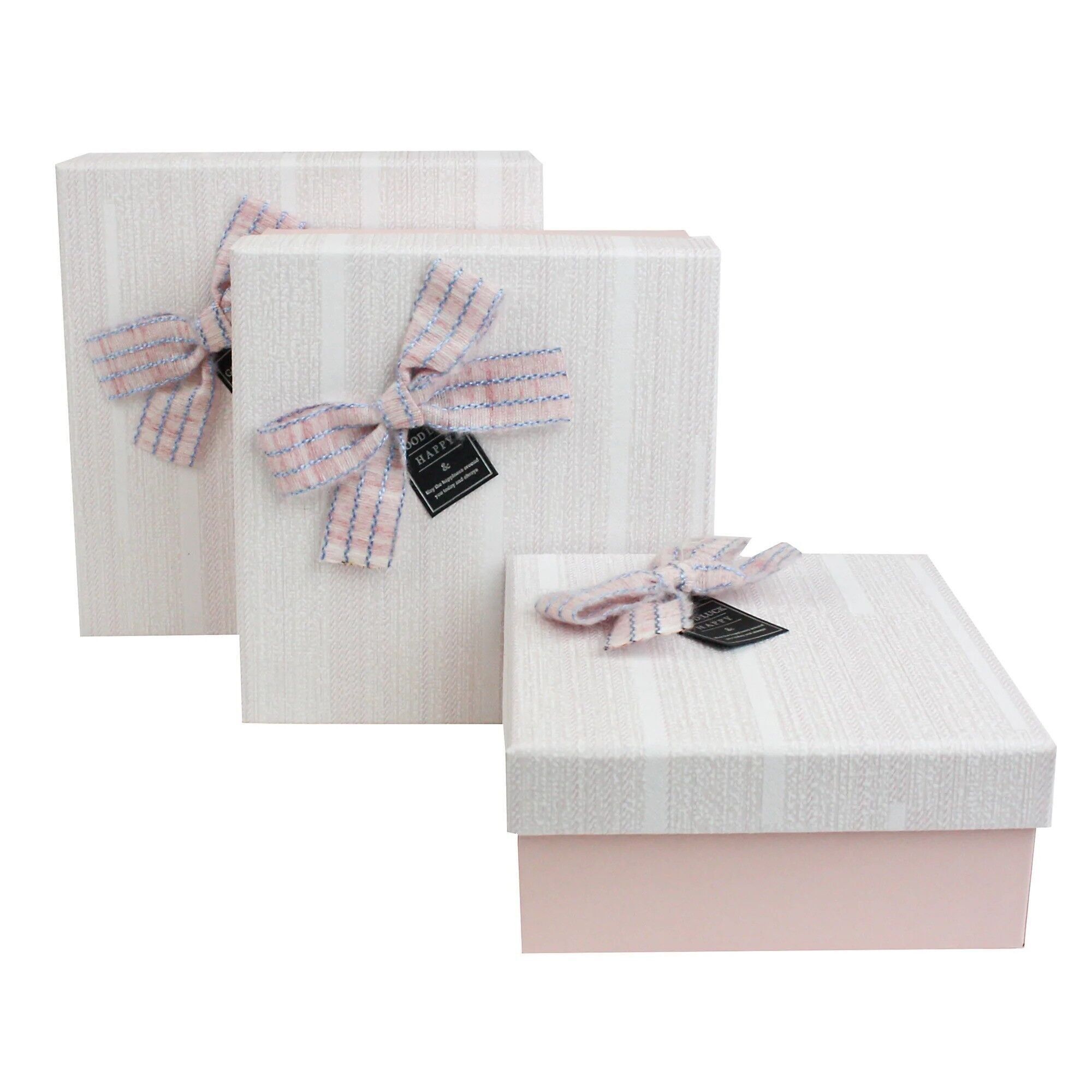 Lot de 3 carrés, coffret cadeau rose layette, couvercle, nœud rayé