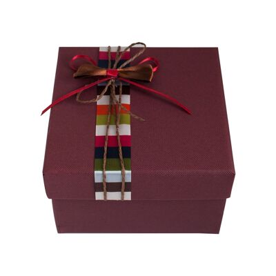 Square Burgandy Gift Box, Multicoloured Stripes Ribbon