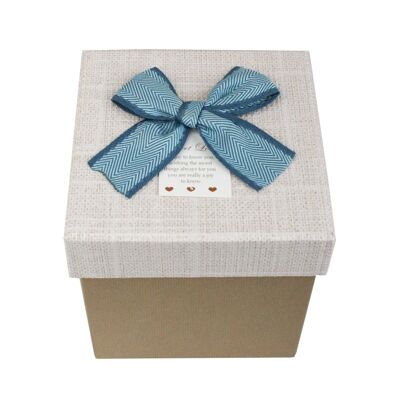 Square Gift Box, Light Brown Box with Cream Lid, Blue Bow