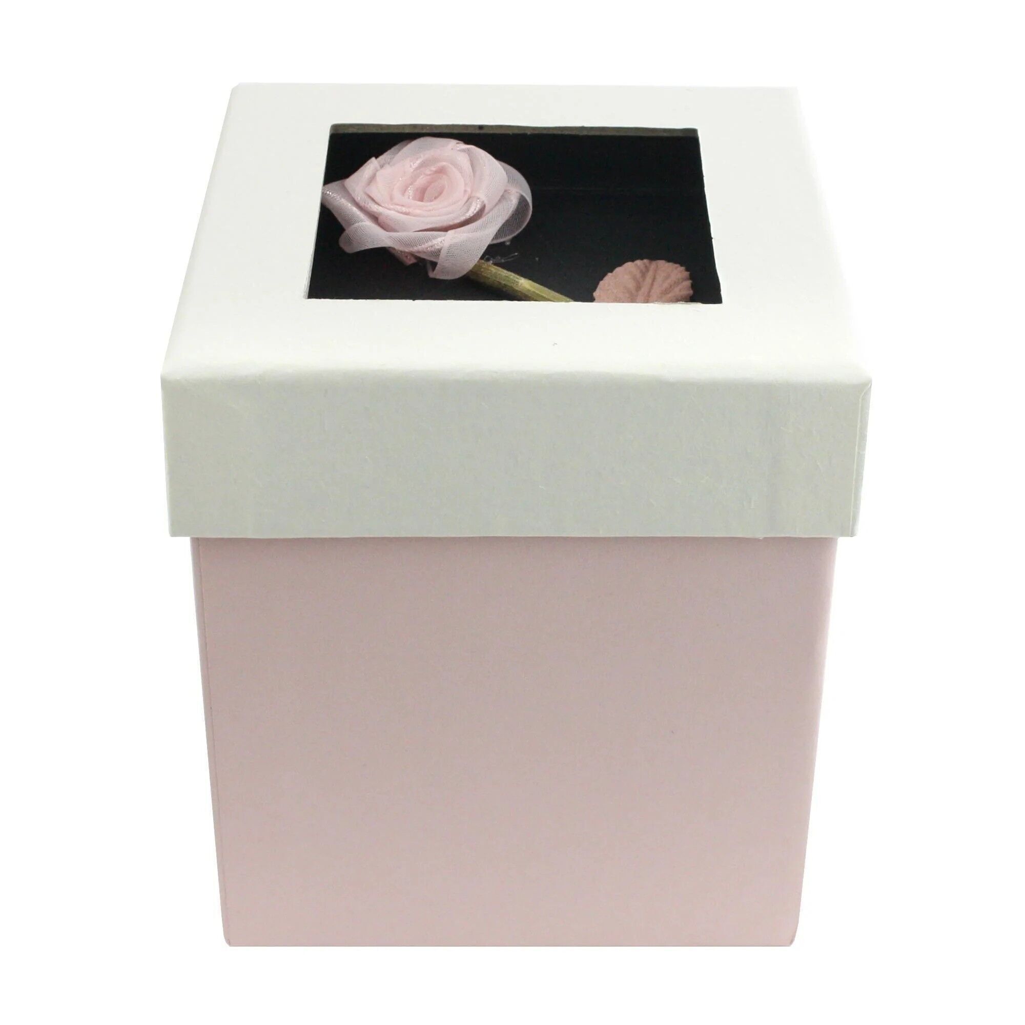 Carré, boîte cadeau rose, couvercle crème, décoration fleur rose