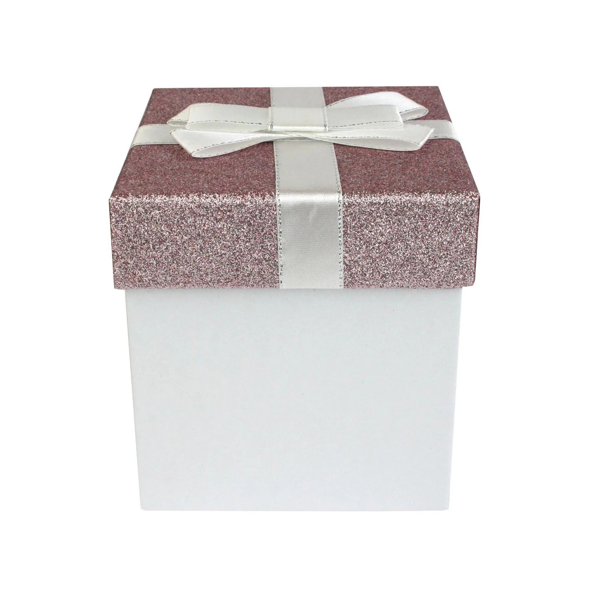 Boîte cadeau carrée blanche avec couvercle à paillettes roses, ruban blanc