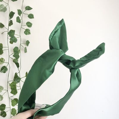 Diadema de alambre extra ancho verde 100% seda, diadema de lino, aspecto de bufanda de cabeza, diadema ancha, diadema de nudo de envoltura de cabello