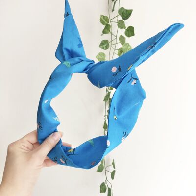 Bandeau en fil extra large en satin de coton biologique, bandeau à imprimé floral bleu, look foulard, bandeau large, bandeau à nœud pour cheveux