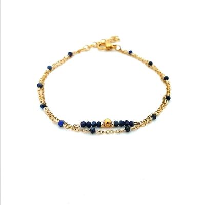 Bracelet Double Rang en Acier Inoxydable Doré avec Perles en Lapis Lazuli