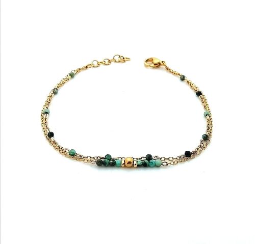 Bracelet Double Rang en Acier Inoxydable Doré avec Perles en Turquoise Africaine