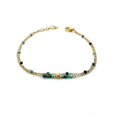 Bracelet Double Rang en Acier Inoxydable Doré avec Perles en Turquoise Africaine