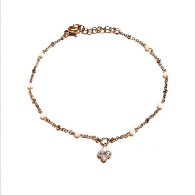 Mother-of-pearl and rhinestone clover rosary bracelet