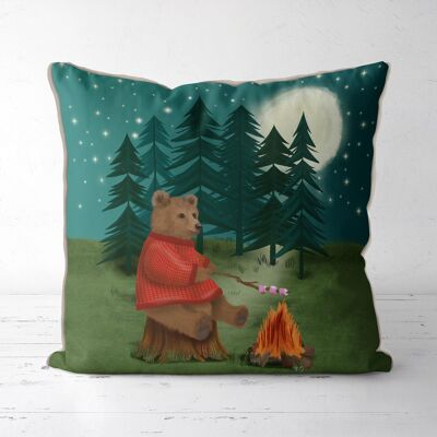 Bear ropasting marshmallows, Woodland cabin cushion, throw pillow