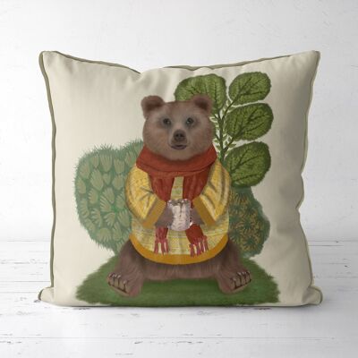Bear & hot chocolate, Woodland cabin cushion, throw pillow