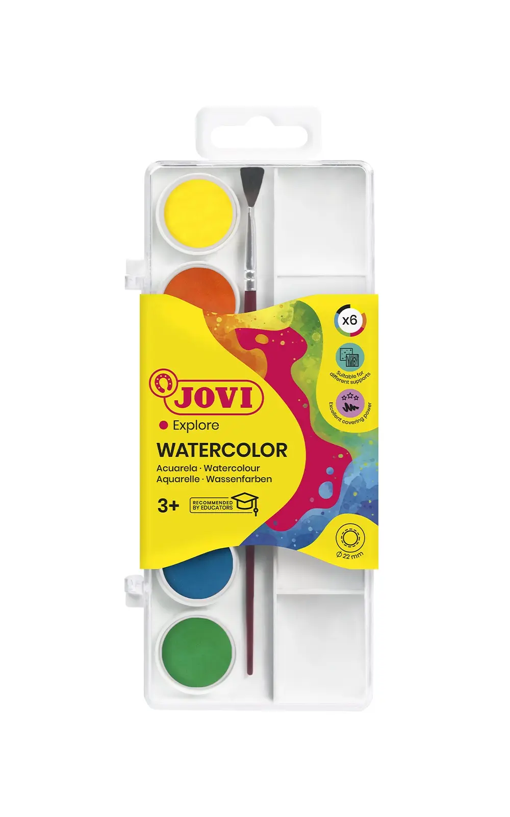 Jovi - Kit Aquarelle avec Pinceau, 6 godets 22mm, Couleurs Brillantes et Intenses, Peinture facile à diluer à l'eau et à séchage rapide, Sans Gluten