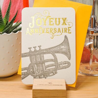 Trumpet Happy Birthday Letterpress Card (con sobre), oro, vintage, papel grueso reciclado, amarillo