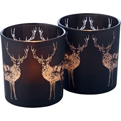 Set of 2 tea light holders Tiu (height 8 cm, Ø 7.5 cm), matt black, deer motif