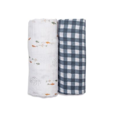 Lulujo Swaddle 100 x 100 2er-Pack – Fisch & Navy Gingham