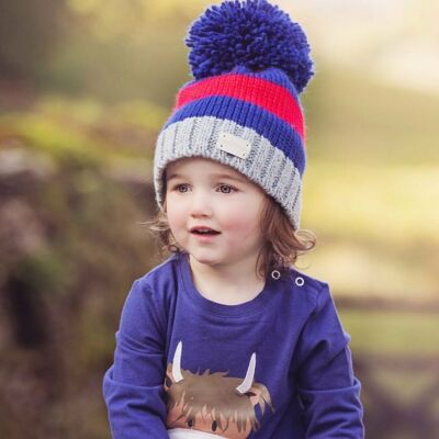 Red and Blue Striped Bobble Hat