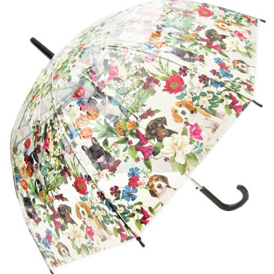 Paraguas - Cachorros en Jardín Floral Recto Transparente, Regenschirm, Parapluie, Paraguas