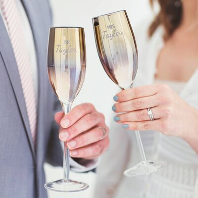 Personalised 'Mr And Mrs' Metallic Champagne Flute Set