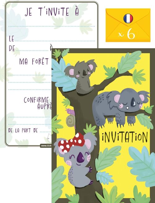 Cartes et enveloppes invitation anniversaire par 6 | Thème Koala