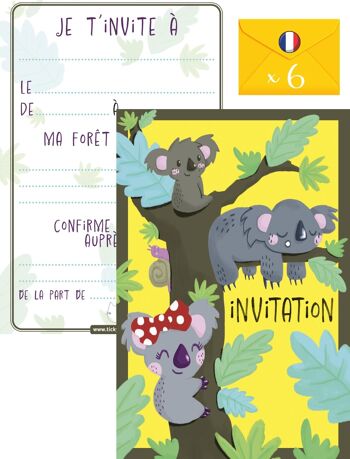 Cartes et enveloppes invitation anniversaire par 6 | Thème Koala 1
