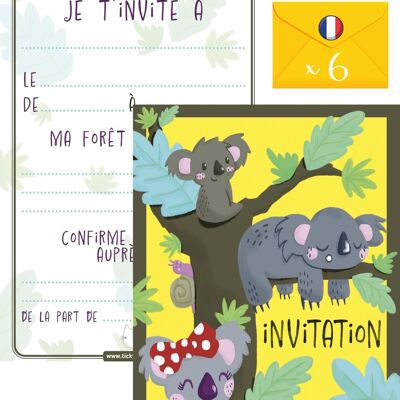 Cartes et enveloppes invitation anniversaire par 6 | Thème Koala