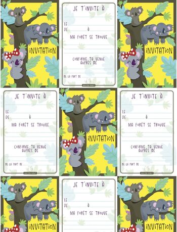 Cartes et enveloppes invitation anniversaire par 6 | Thème Koala 3