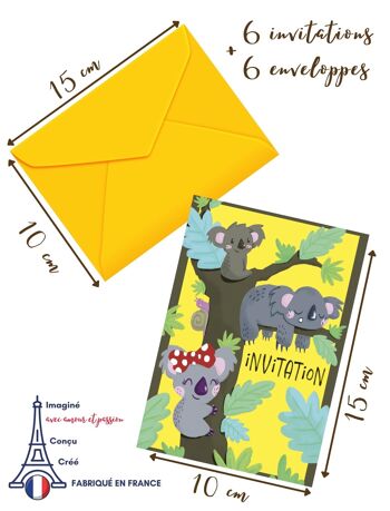 Cartes et enveloppes invitation anniversaire par 6 | Thème Koala 4