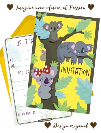 Cartes et enveloppes invitation anniversaire par 6 | Thème Koala 6
