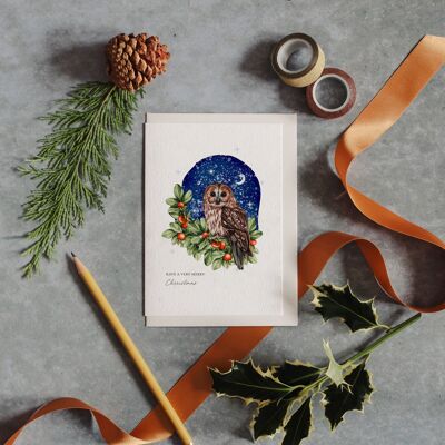 Carte de voeux de Noël aquarelle chouette hulotte