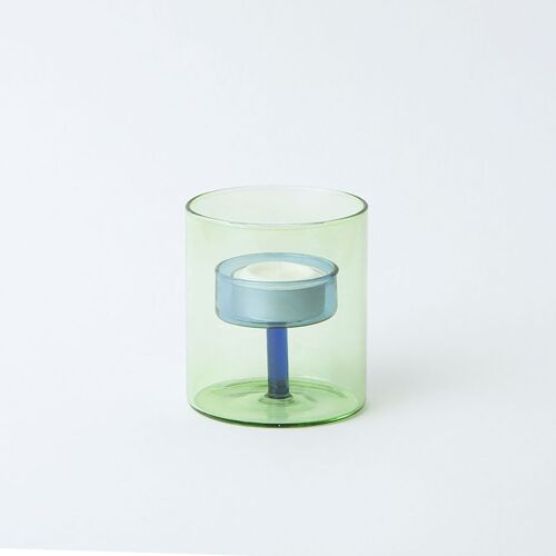 Duo Tone Glass Tea Light Holder - Green / Blue