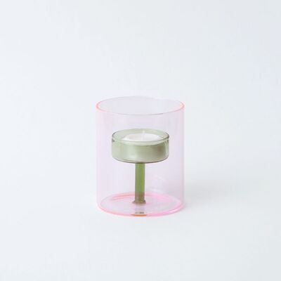 Duo Tone Glass Tea Light Holder - Pink / Green