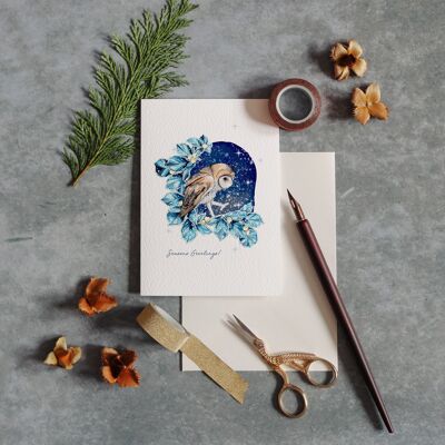 Cartolina d'auguri di Natale dell'acquerello del barbagianni