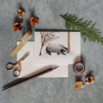 Winter Badger Watercolour Christmas Greetings Card