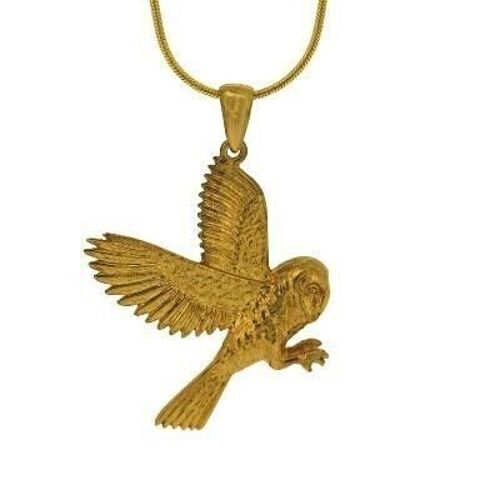 Yellow Gold Plated Barn Owl Pendant with 18" Snake Chain and Presentation Box
